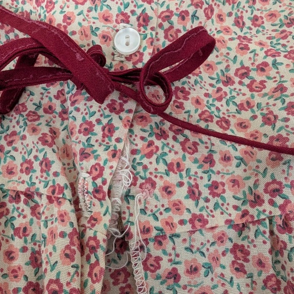 70s Floral Apron Blouse Red Trim Long Sleeve Front Tie Bow Peasant Milkmaid - Picture 7 of 8